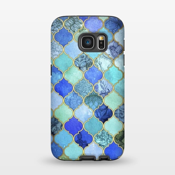 Galaxy S7 StrongFit Cobalt Blue Aqua and Gold Decorative Moroccan Tile Pattern by Micklyn Le Feuvre
