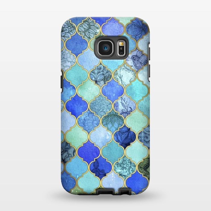 Galaxy S7 EDGE StrongFit Cobalt Blue Aqua and Gold Decorative Moroccan Tile Pattern by Micklyn Le Feuvre
