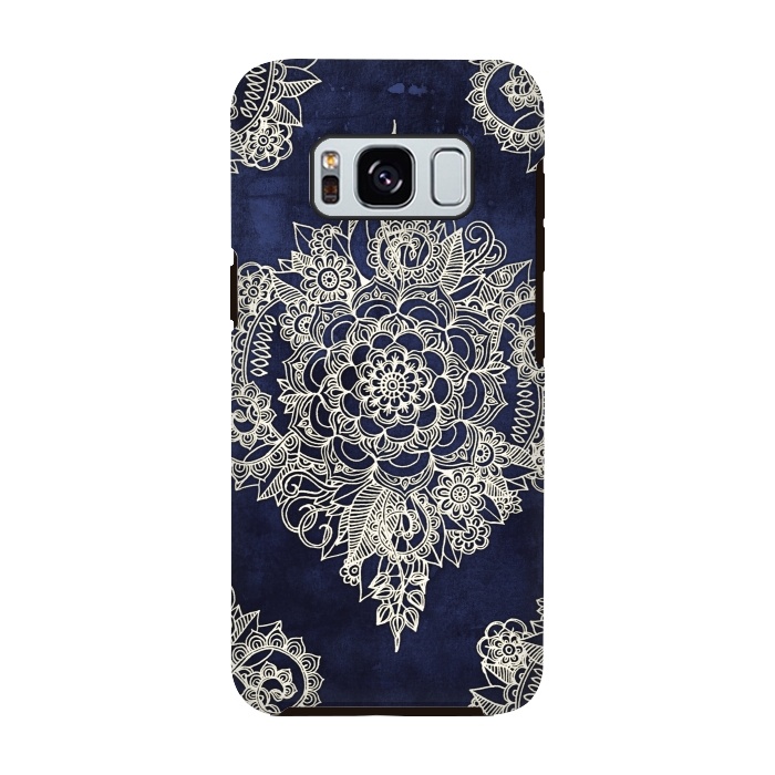 Galaxy S8 StrongFit Cream Floral Moroccan Pattern on Deep Indigo Ink by Micklyn Le Feuvre