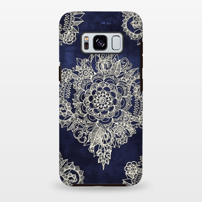 Galaxy S8 plus StrongFit Cream Floral Moroccan Pattern on Deep Indigo Ink by Micklyn Le Feuvre