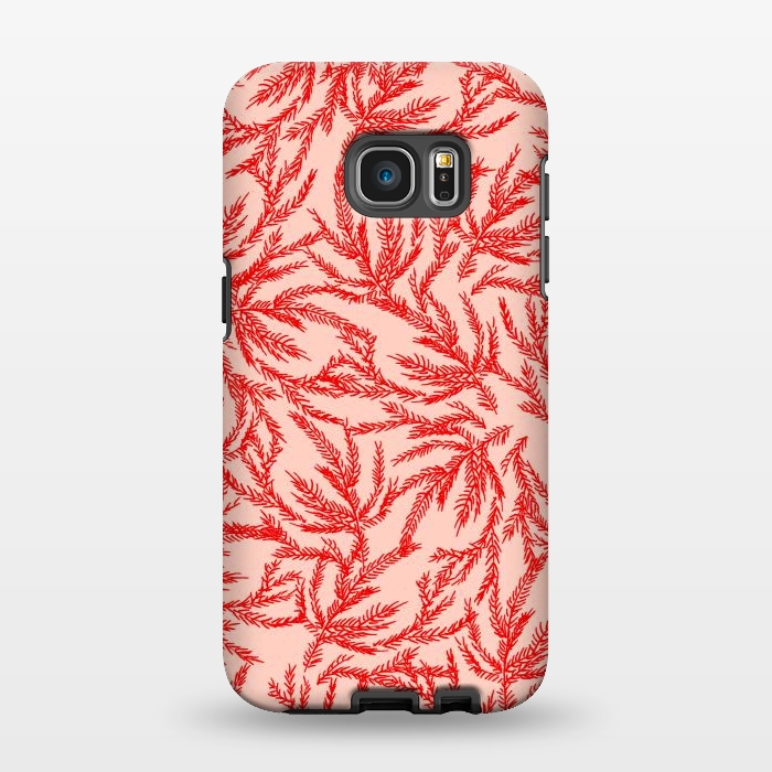 Galaxy S7 EDGE StrongFit Red and Pink Coral Ferns by Caitlin Workman