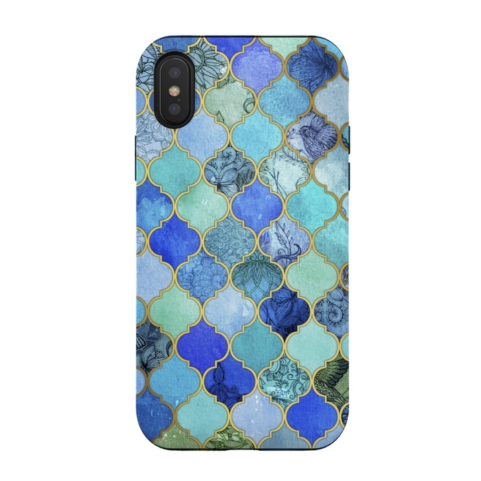iPhone Xs / X StrongFit Cobalt Blue Aqua and Gold Decorative Moroccan Tile Pattern by Micklyn Le Feuvre