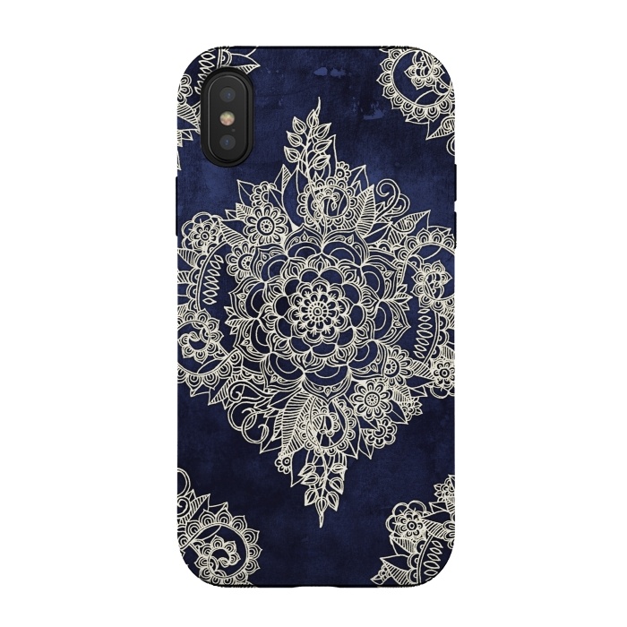 iPhone Xs / X StrongFit Cream Floral Moroccan Pattern on Deep Indigo Ink by Micklyn Le Feuvre