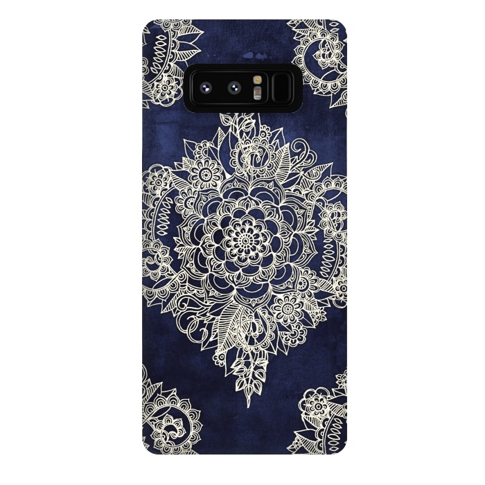 Galaxy Note 8 StrongFit Cream Floral Moroccan Pattern on Deep Indigo Ink by Micklyn Le Feuvre