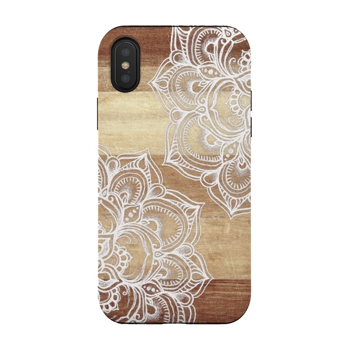 iPhone Xs / X StrongFit White doodles on blonde wood by Micklyn Le Feuvre