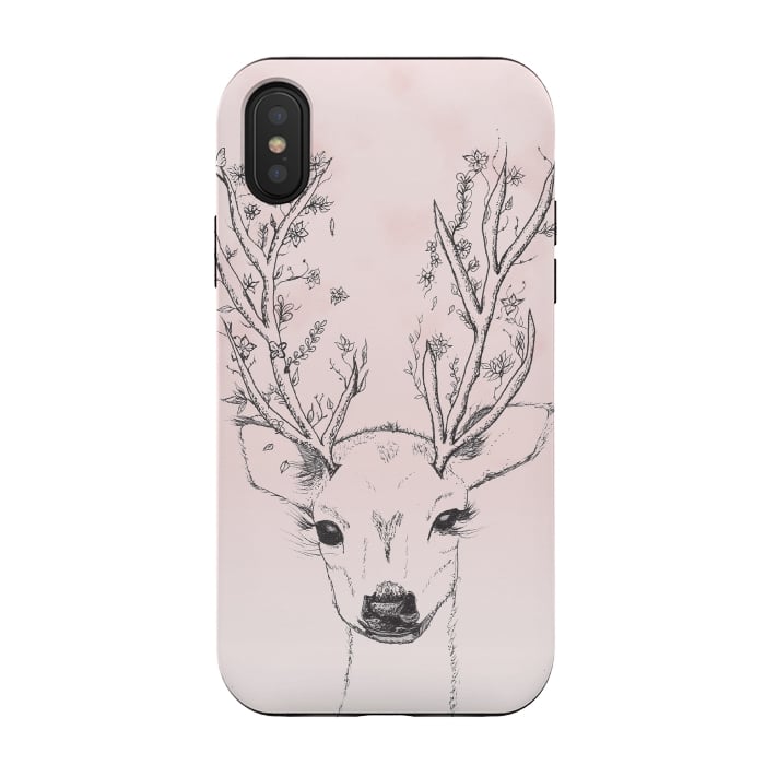 iPhone Xs / X StrongFit Cute Handdrawn Floral Deer Antlers Pink by Girly Trend