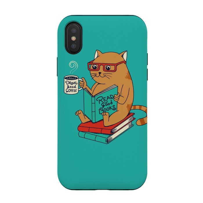 iPhone Xs / X StrongFit Cat coffee and books by Coffee Man