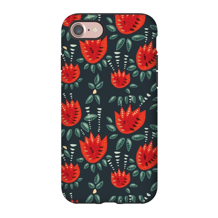 iPhone 7 StrongFit Red Tulips Dark Floral Pattern by Boriana Giormova