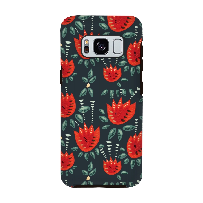 Galaxy S8 StrongFit Red Tulips Dark Floral Pattern by Boriana Giormova