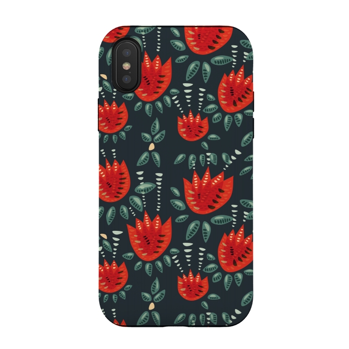 iPhone Xs / X StrongFit Red Tulips Dark Floral Pattern by Boriana Giormova