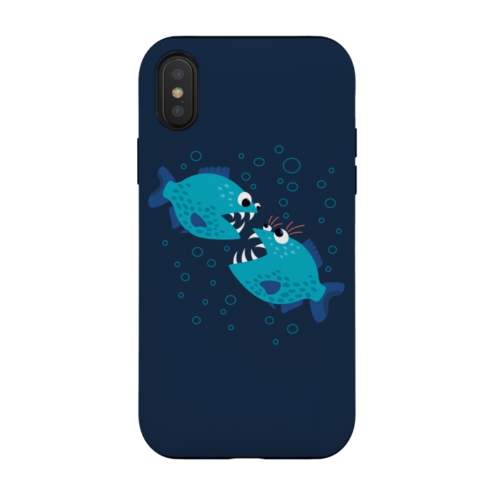 iPhone Xs / X StrongFit Gossiping Blue Cartoon Piranha Fish by Boriana Giormova