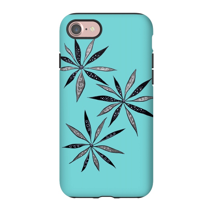 iPhone 7 StrongFit Elegant Thin Flowers With Dots And Swirls On Blue by Boriana Giormova