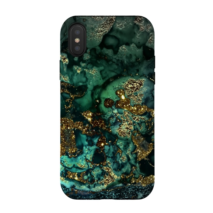 iPhone Xs / X StrongFit Indigo Green and Gold Glitter Ink Marble by  Utart