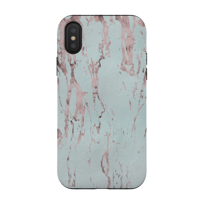 iPhone Xs / X StrongFit Rose Gold Marble Fragments On Teal 2 by Andrea Haase