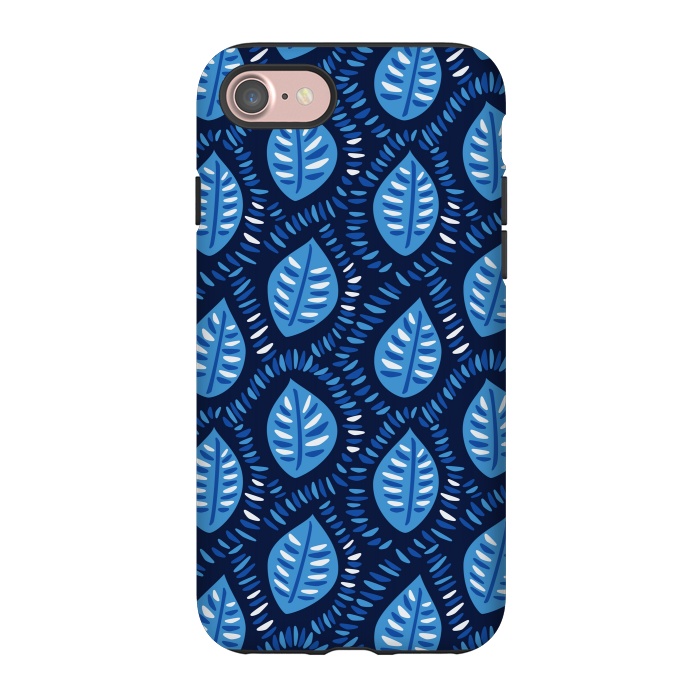 iPhone 7 StrongFit Blue Decorative Geometric Leaves Pattern by Boriana Giormova