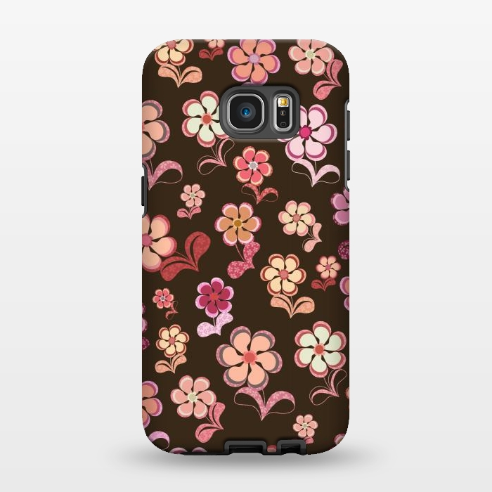 Galaxy S7 EDGE StrongFit 60s Flowers on Chocolate Brown by Paula Ohreen
