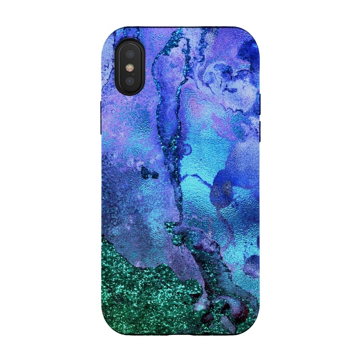 iPhone Xs / X StrongFit Blue and Green Glitter Ink Marble by  Utart