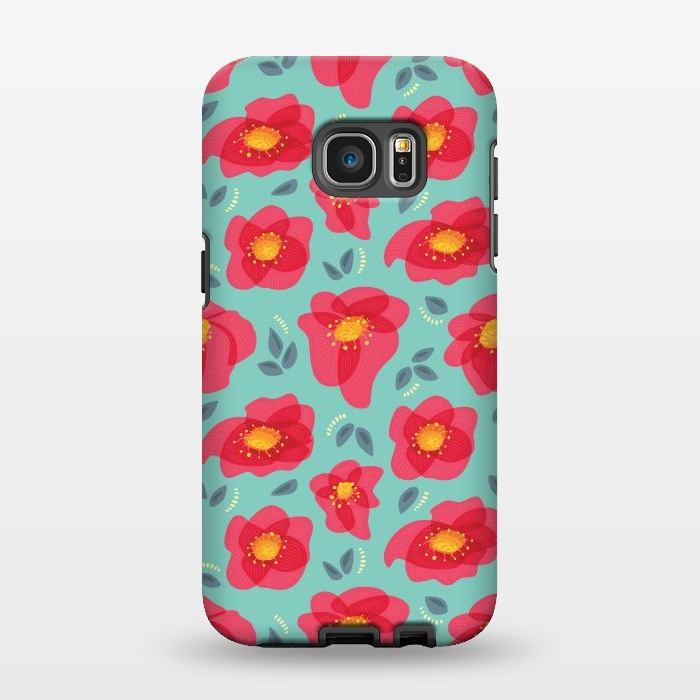 Galaxy S7 EDGE StrongFit Pretty Flowers With Bright Pink Petals On Blue by Boriana Giormova