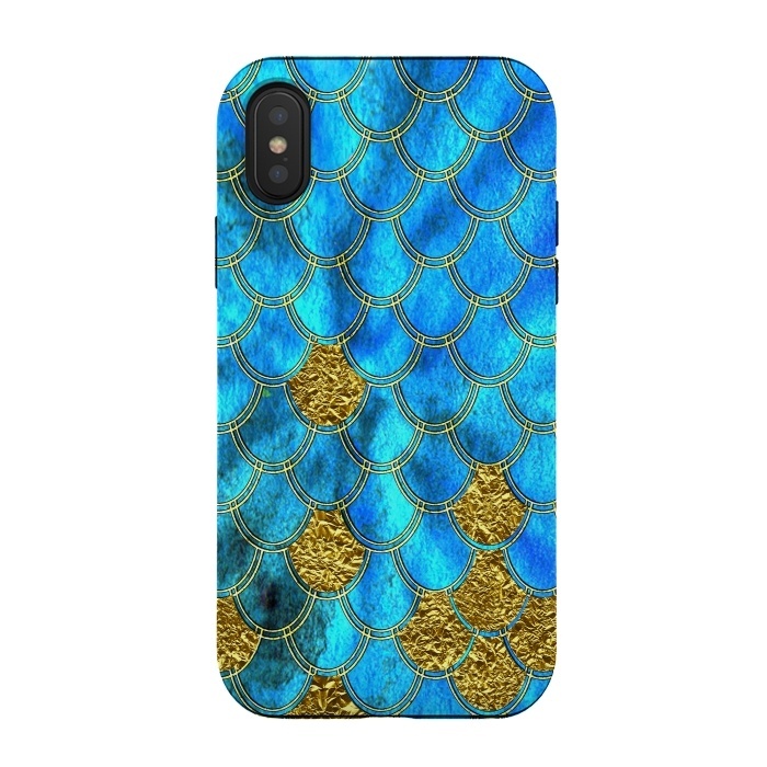 iPhone Xs / X StrongFit Blue and Gold Glitter Metal Mermaid Scales by  Utart