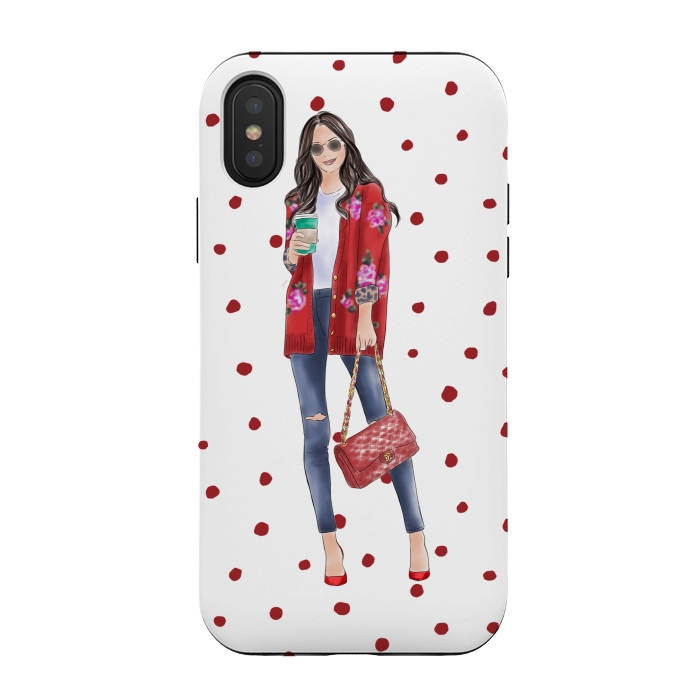 iPhone Xs / X StrongFit Coffee City Girl with Red Polka Dots by DaDo ART