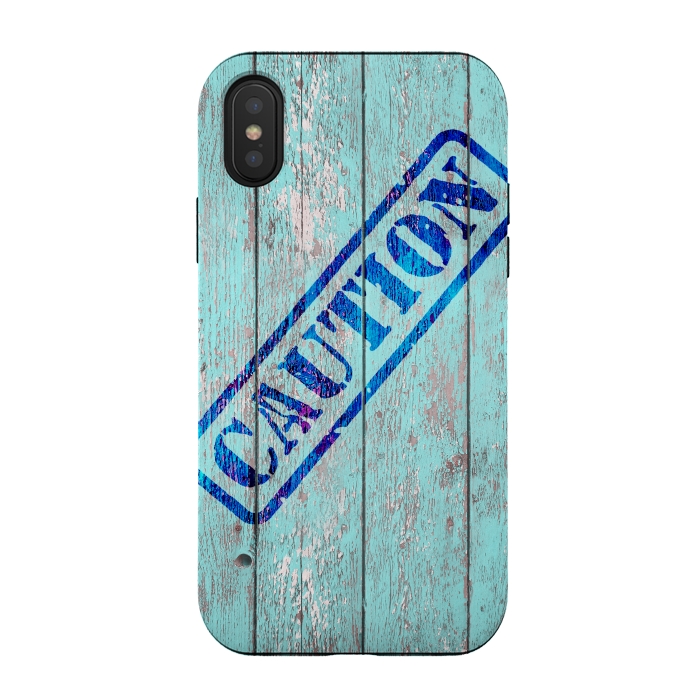 iPhone Xs / X StrongFit Caution Sign On Old Wooden Plank by Andrea Haase