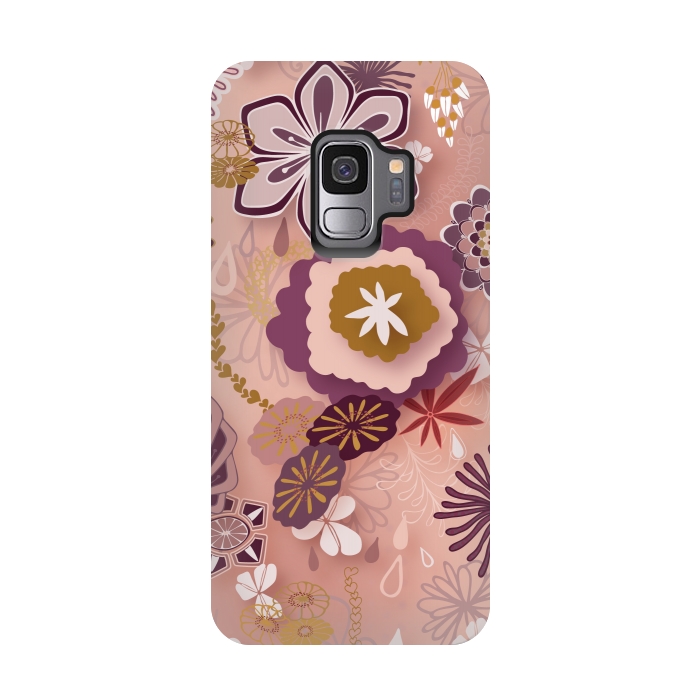 Galaxy S9 StrongFit Paper-Cut Florals on Pink by Paula Ohreen