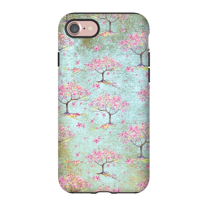 iPhone 7 StrongFit Shiny Teal Spring Metal Cherry Blossom Tree Pattern by  Utart