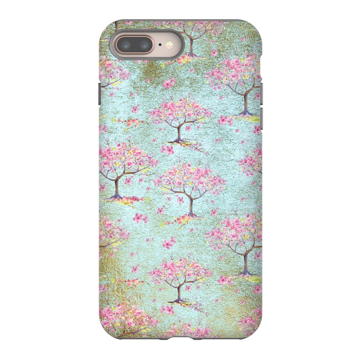 iPhone 7 plus StrongFit Shiny Teal Spring Metal Cherry Blossom Tree Pattern by  Utart