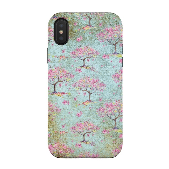 iPhone Xs / X StrongFit Shiny Teal Spring Metal Cherry Blossom Tree Pattern by  Utart