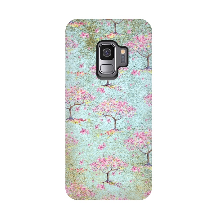 Galaxy S9 StrongFit Shiny Teal Spring Metal Cherry Blossom Tree Pattern by  Utart