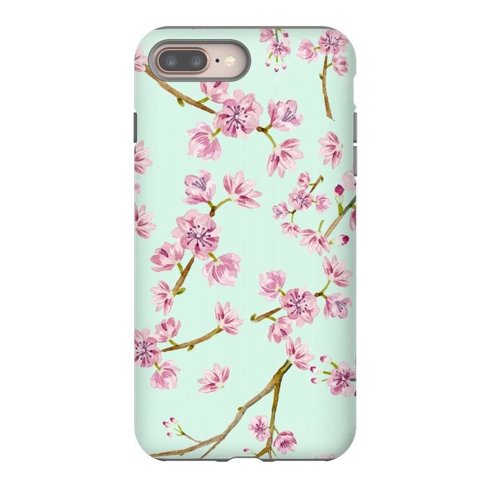 iPhone 7 plus StrongFit Aqua Teal and Pink Cherry Blossom Branch Spring Pattern by  Utart