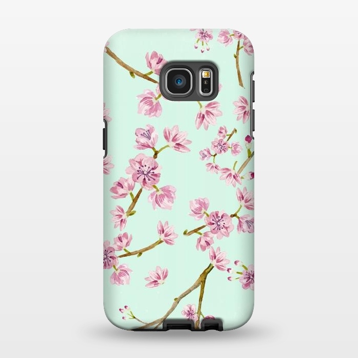 Galaxy S7 EDGE StrongFit Aqua Teal and Pink Cherry Blossom Branch Spring Pattern by  Utart