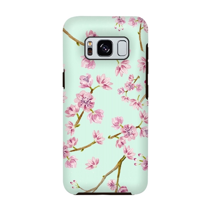 Galaxy S8 StrongFit Aqua Teal and Pink Cherry Blossom Branch Spring Pattern by  Utart