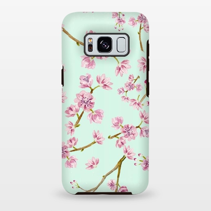Galaxy S8 plus StrongFit Aqua Teal and Pink Cherry Blossom Branch Spring Pattern by  Utart