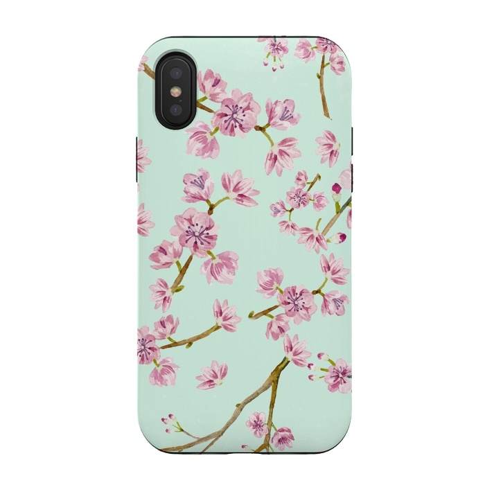 iPhone Xs / X StrongFit Aqua Teal and Pink Cherry Blossom Branch Spring Pattern by  Utart