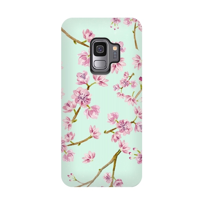 Galaxy S9 StrongFit Aqua Teal and Pink Cherry Blossom Branch Spring Pattern by  Utart