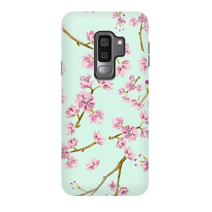 Galaxy S9 plus StrongFit Aqua Teal and Pink Cherry Blossom Branch Spring Pattern by  Utart