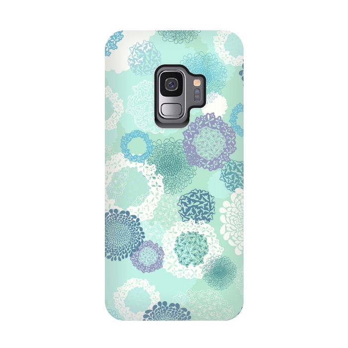 Galaxy S9 StrongFit Doily Flowers on Teal by Paula Ohreen