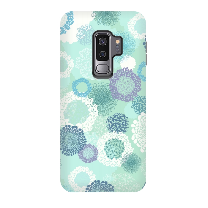 Galaxy S9 plus StrongFit Doily Flowers on Teal by Paula Ohreen