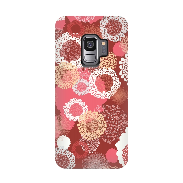 Galaxy S9 StrongFit Doily Flowers on Red by Paula Ohreen