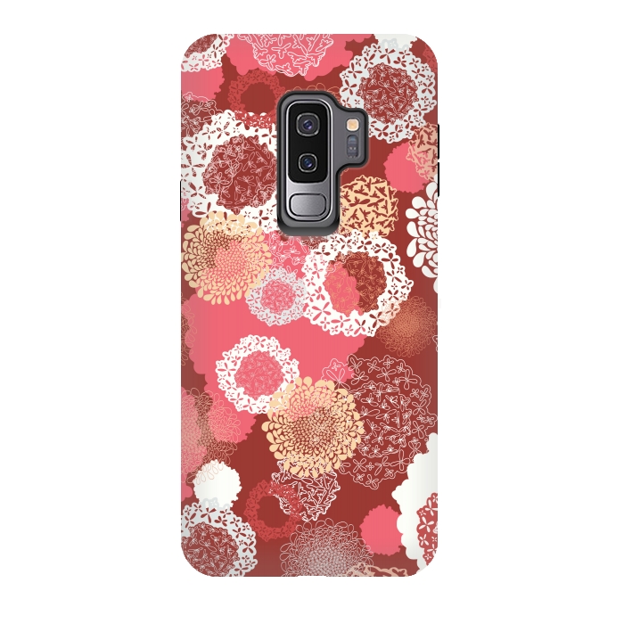 Galaxy S9 plus StrongFit Doily Flowers on Red by Paula Ohreen