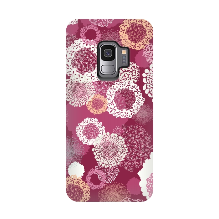 Galaxy S9 StrongFit Doily Flowers on Dark Pink by Paula Ohreen