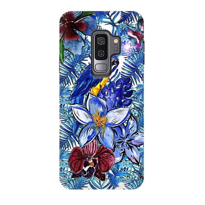 Galaxy S9 plus StrongFit Blue Jungle Bird Pattern by  Utart