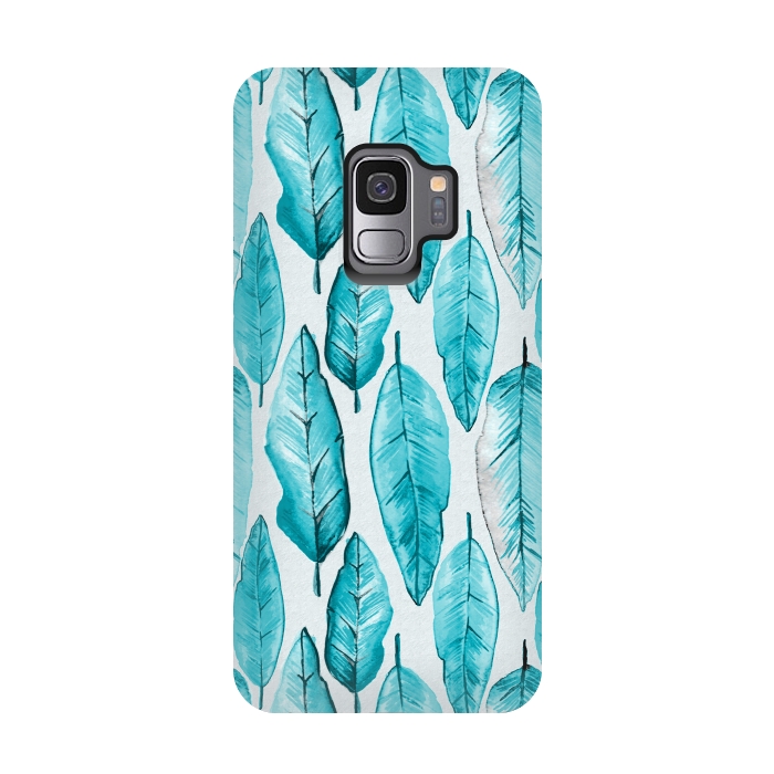 Galaxy S9 StrongFit Turquoise Watercolor Feathers by Andrea Haase