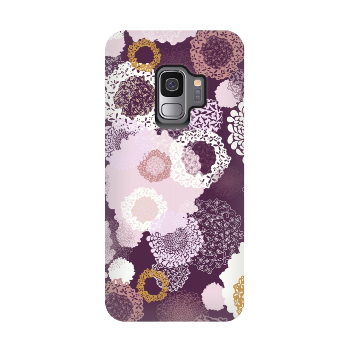 Galaxy S9 StrongFit Doily Flowers on Purple by Paula Ohreen