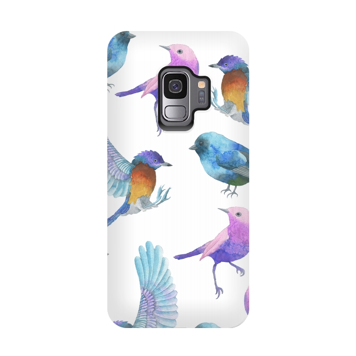 Galaxy S9 StrongFit Colorful Watercolors Birds Pattern by Dushan Medich