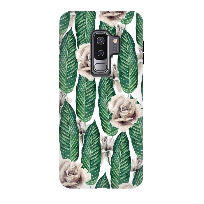 Galaxy S9 plus StrongFit Tropical leaves and white roses by Mmartabc