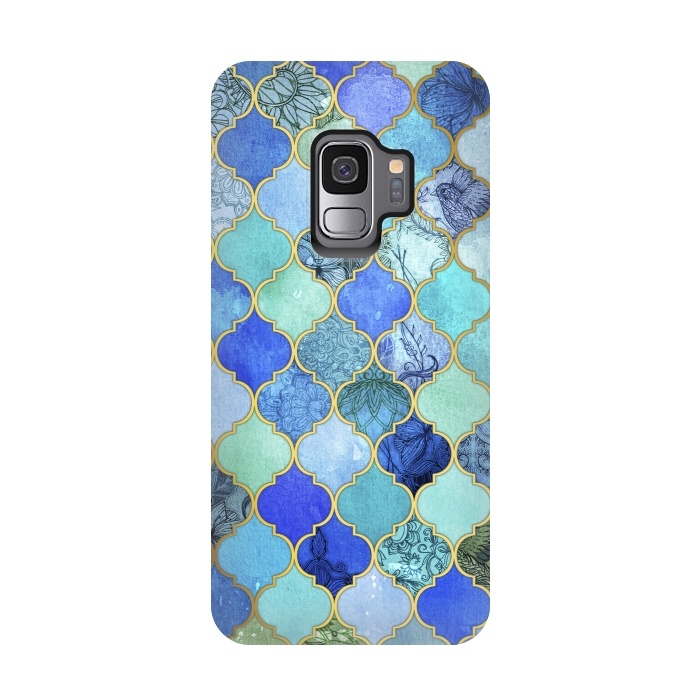 Galaxy S9 StrongFit Cobalt Blue Aqua and Gold Decorative Moroccan Tile Pattern by Micklyn Le Feuvre