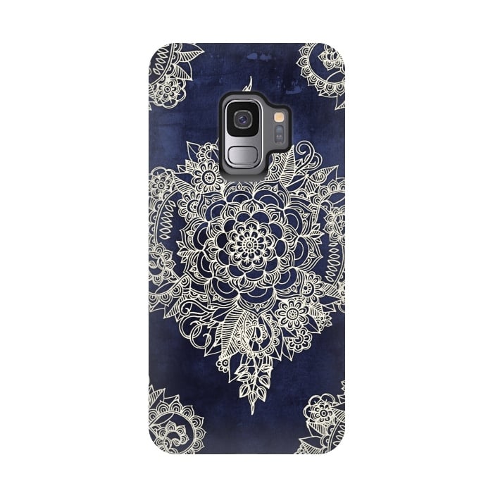 Galaxy S9 StrongFit Cream Floral Moroccan Pattern on Deep Indigo Ink by Micklyn Le Feuvre
