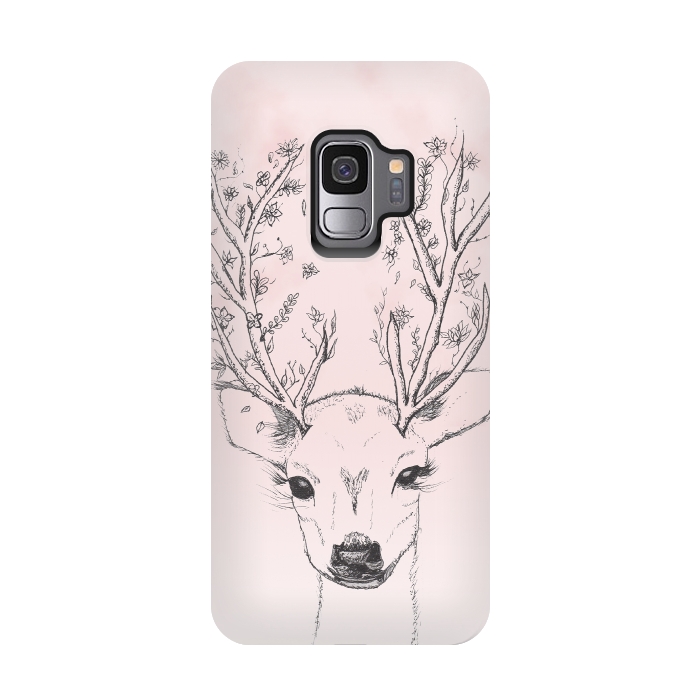 Galaxy S9 StrongFit Cute Handdrawn Floral Deer Antlers Pink by Girly Trend